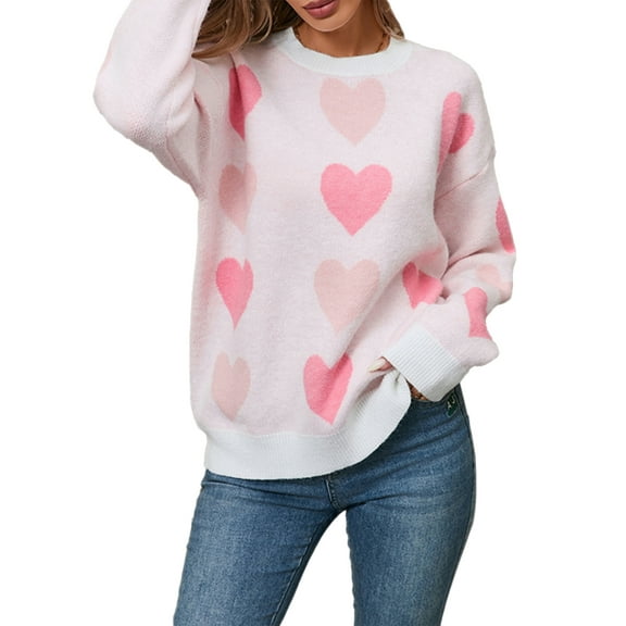 aturustex Women Valentine's Day Knit Sweater Ladies Heart Pattern Long Sleeve Pullovers Round Neck Jumpers Chunky Cable Sweatshirts Thick Warm Knitweaer Loose Casual Daily Clothes Streetwear