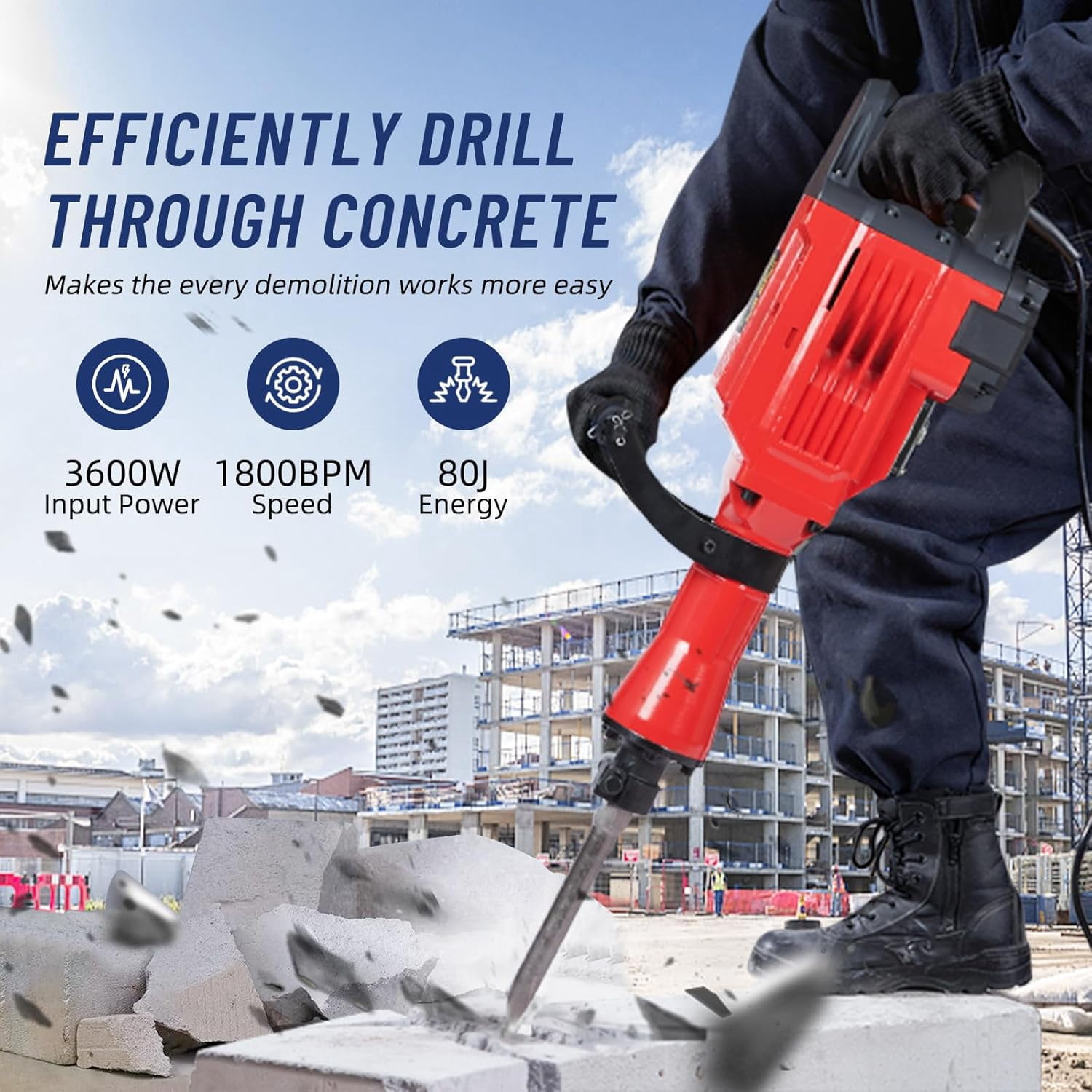 Demolition Hammer, Heavy Duty 3600W Electric Jackhammer, 1800 BPM Concrete Breaker 2pcs Chisels Bit Chipping W/Case, Gloves