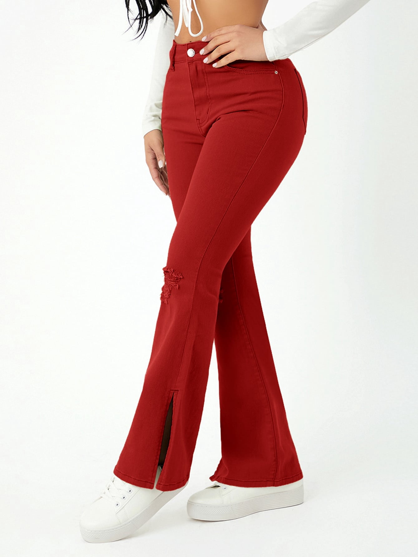 Red Women's Split Hem Flared Leg Ripped 
