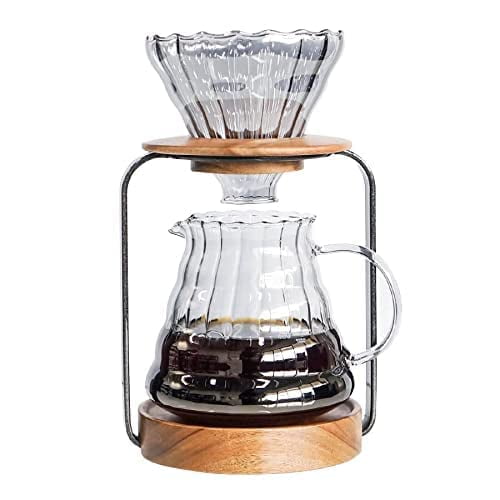 SOTECH Pour Over Coffee Station Dripper Stand Coffee Filter Wooden Filter Holder Glass Server with Paper Coffee Filters, Coffee Maker Stand Set for C