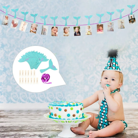 HEMOTON Mermaid Birthday Banner for Decor Made of Paper with Photo Clips Easy to Assemble 1 Set