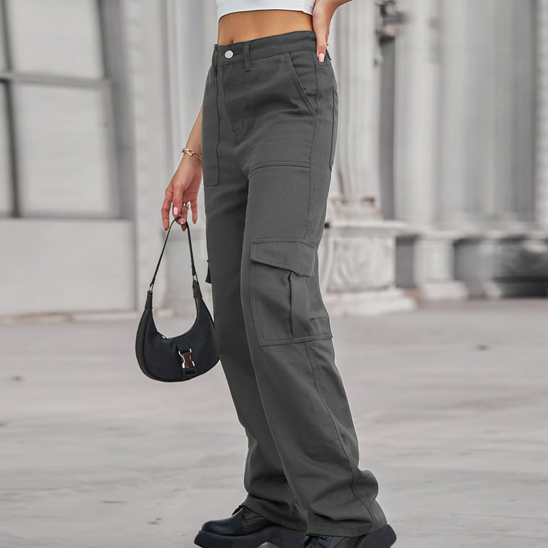 HUPOM Trouser Pants For Women Womens Pants Carpenter High Waist Rise Long  Slim Straight Black XL