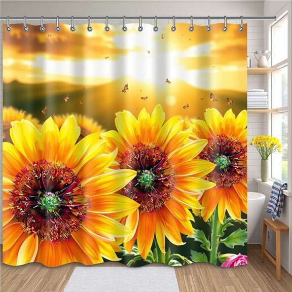 Vibrant Sunflower Shower Curtain - Sunset Field Design with Butterflies