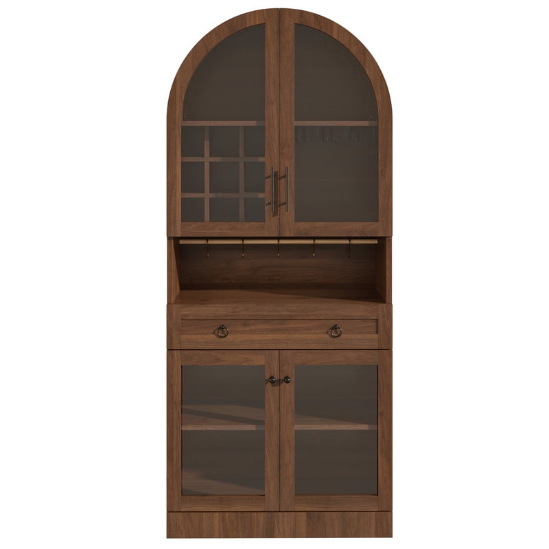 Mid-Century Bar Cabinet with Tempered Glass Doors & Drawer, Home Coffee Storage Cabinet with Hooks, Wine Racks & Glass Holders
