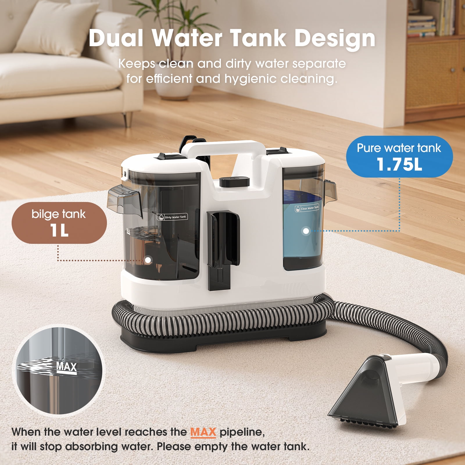 Lubluelu 13500PA Powerful Suction Spot Cleaner Machine, Handheld Upright Vacuum with Multi-Function Tools, Dual Water Tank Design, Space-saving Design, 3-Action Cleaning, for Rugs, Pets, Car Seats, S