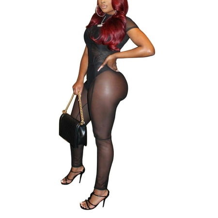 

EYIIYE Women Solid Color Short Sleeve Bodysuit and See-through Pants Set
