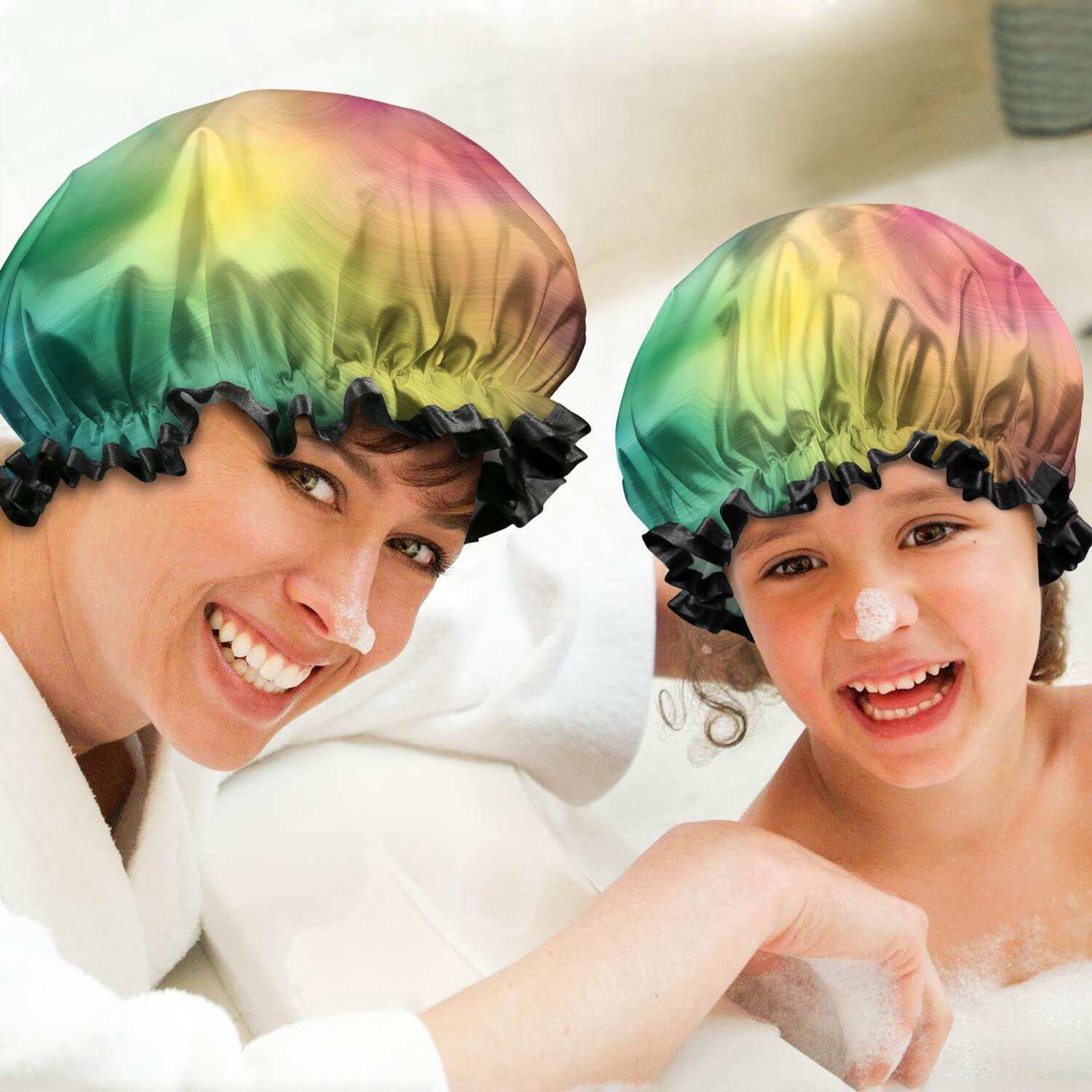 Shower Caps,Rainbow Tie Dye Swirl Pattern Waterproof Shower Cap for Women 4 Pieces,Double Reusable Hair Cover for Shower PEVA Elastic Stretch Hem