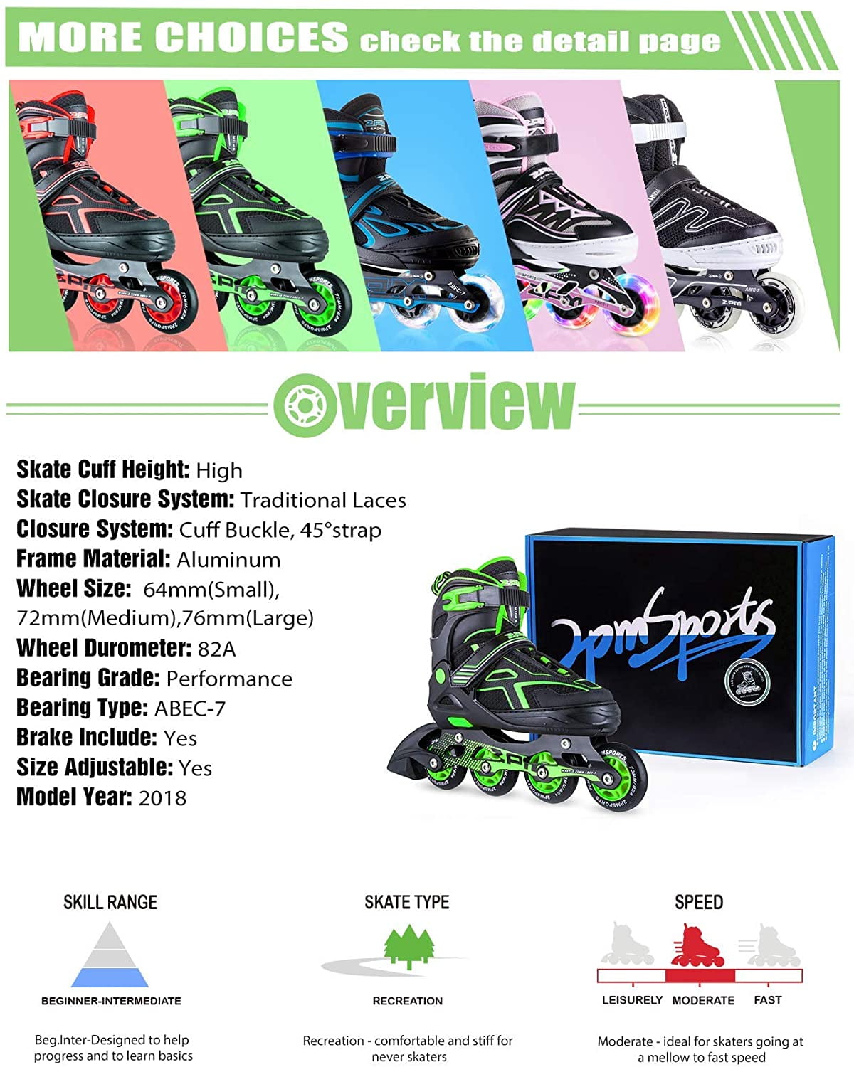 2PM SPORTS Unisex Adjustable Inline Roller Skates, Green and Black, 5.31 in