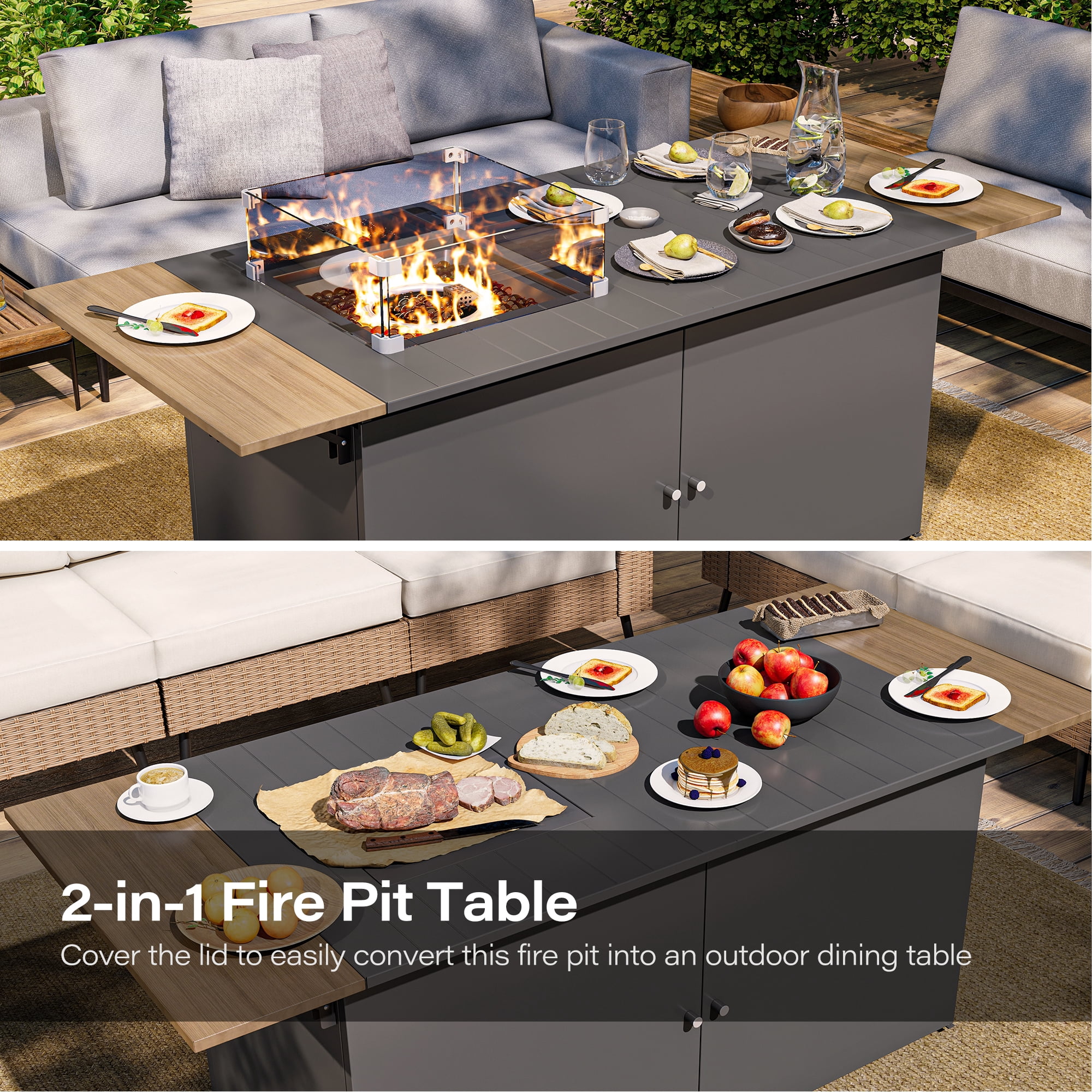 KAMEROUT 64" Outdoor Fire Pit Table , 50,000 BTU Patio Propane Fire Pit with Foldable Tabletop & Wind Guard, Black