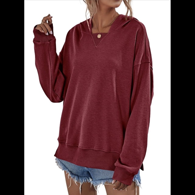 Sudadera de Larga para Mujer, Holgada, para Hacer Ejercicio, para Salir, Informal, con Capucha Vino Tinto M