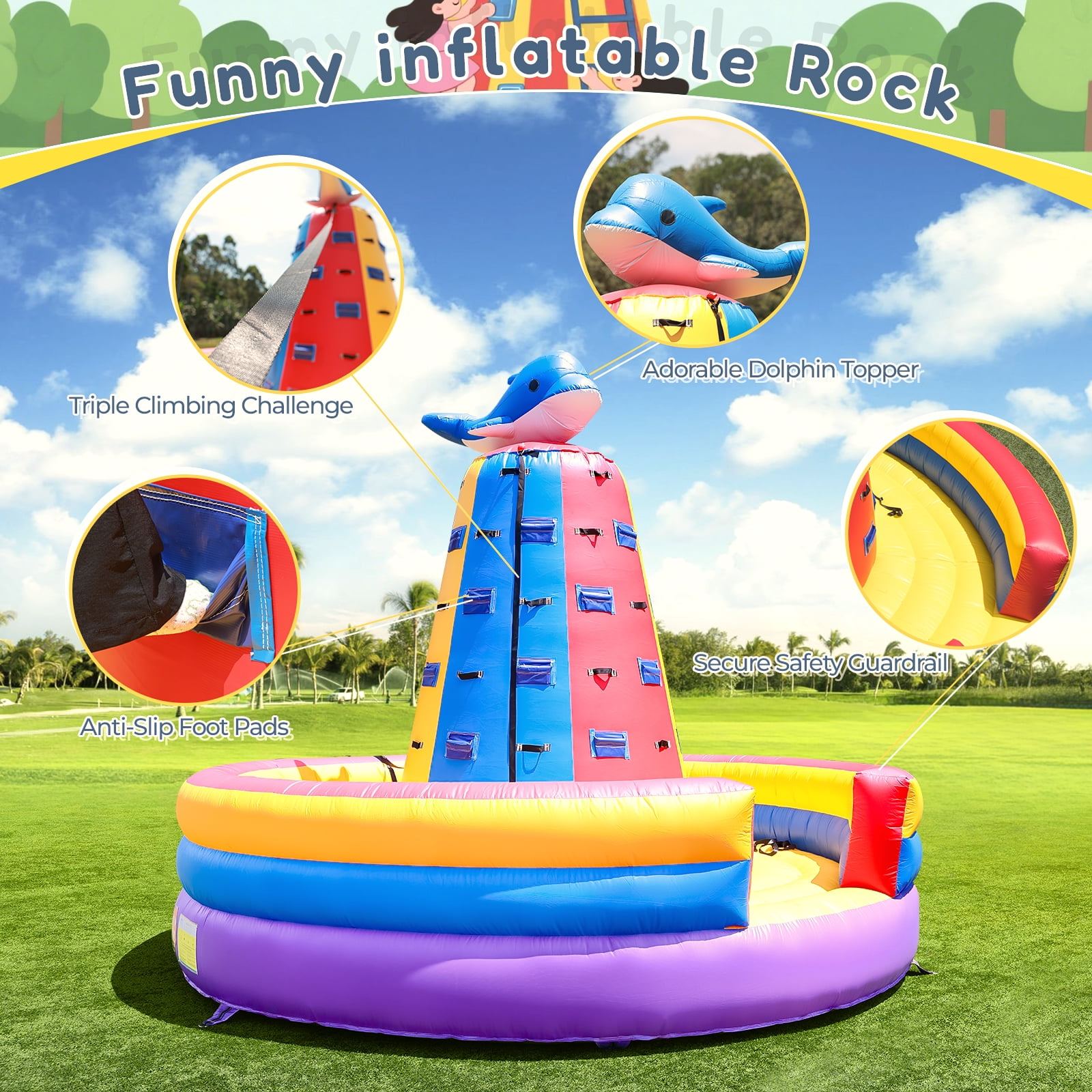 Relunch 14.8X11.8FT Inflatable Dolphin Rock Climbing Wall Tower for Kids with 1100W Blower – Commercial PVC Outdoor Adventure Game with Safety Ropes & Harnesses