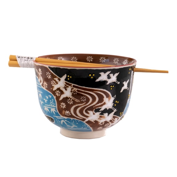 Urban Tokyo Handpainted Ceramic Glazed Japanese Ramen Udon Noodle Rice Bowl With Chopsticks 20 fl oz 5 inch Diameter Bowl Sets Color Box Packaging (Japanese Crane in Flight)