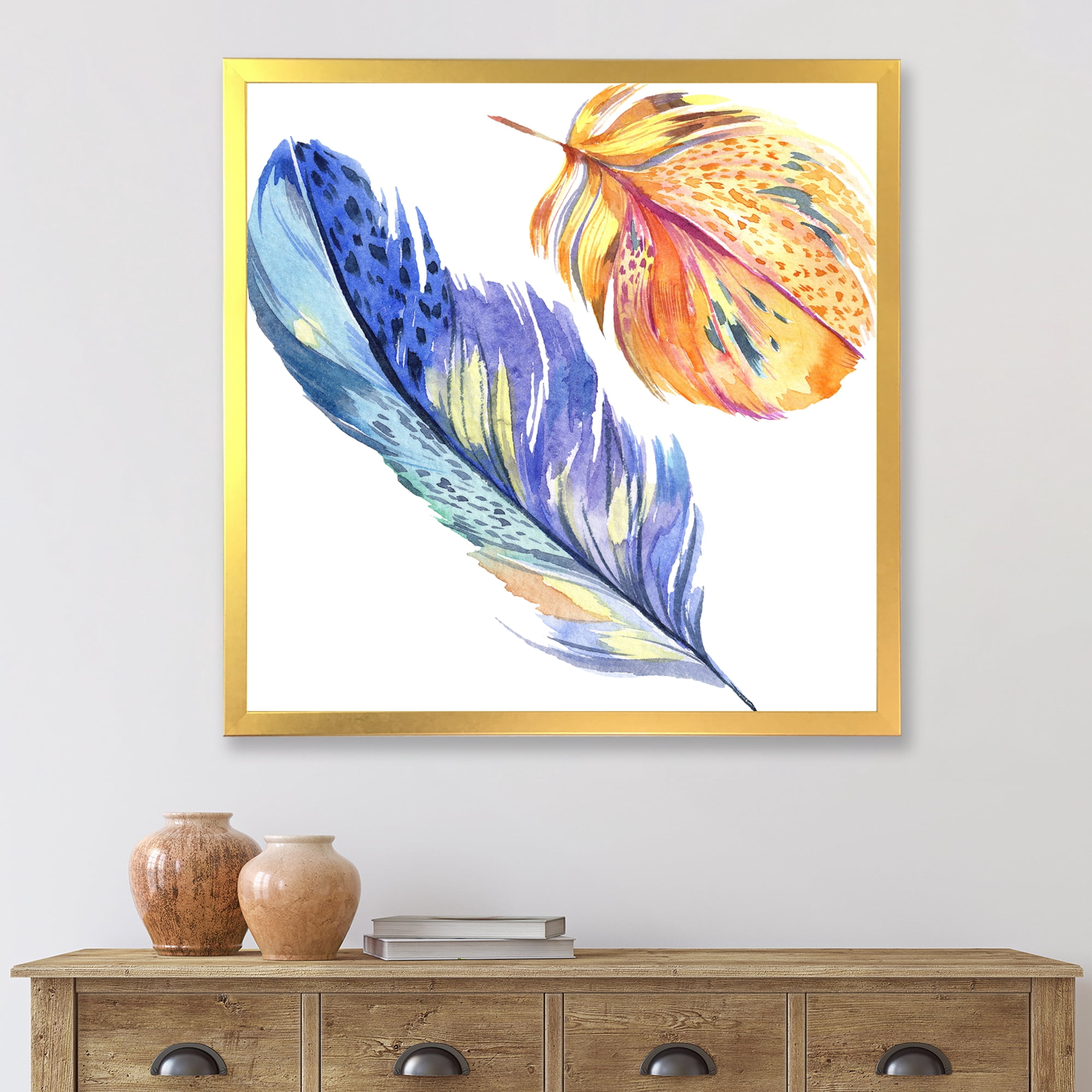 Designart 'Colorful Blue and Golden Bird Feather From Wing' Bohemian & Eclectic Framed Art Print