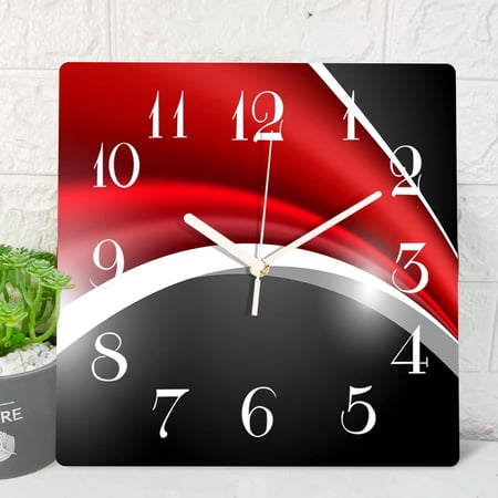 Wooden Wall Clock Silent Non-Ticking, Red Black Grid Luxury Modern Weave Abstract Stripe Geometric Round Wall Clocks Decor for Home Kitchen Living Room Office(12 Inch)