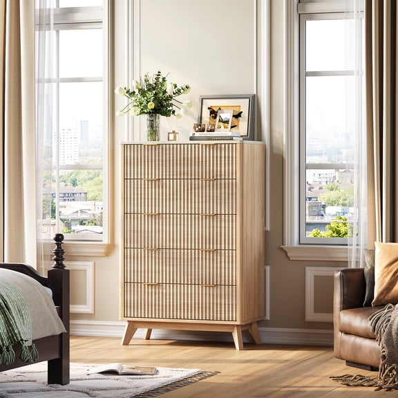 KeyWhat Fluted Dresser for Bedroom, Modern Wooden 5 Drawer Tall Dresser, Storage Cabinet Chest of Drawers for Living Room, Natural Oak