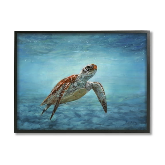 Stupell Industries Sea Turtle Underwater Marine Scene Deep Ocean Water Painting Black Framed Art Print Wall Art, Design by David Stribbling