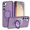 thumbnail image 1 of Asuwish Phone Case for Samsung Galaxy S23 Plus S23+ 5G Tempered Glass Screen Protector Magnetic Folding Stand Frosted Translucent Rugged Shockproof Protective Cell Cover SM-S916U Women Deep Purple, 1 of 7