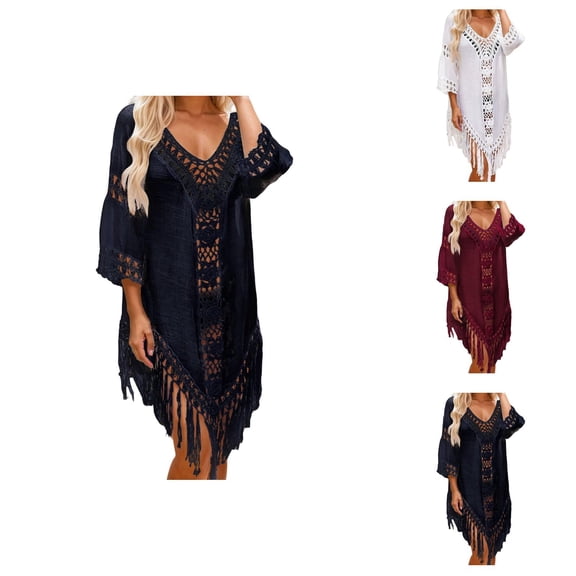 Swimsuit Coverup for Women 3/4 Sleeve V Neck Tassel Hem Crochet Loose Midi Dress Beach Cover Up Bathing Suit Dress