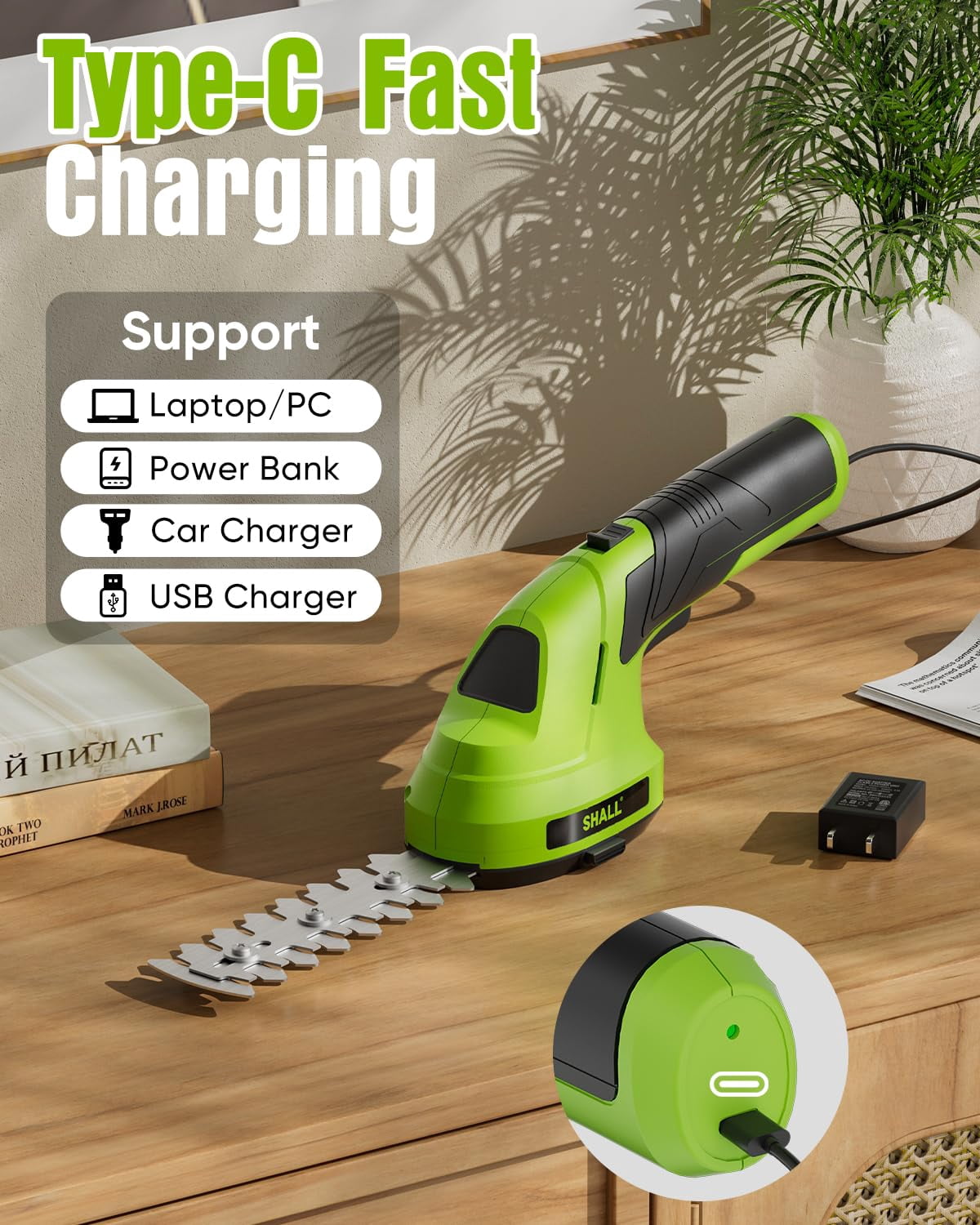 SHALL Hedge Trimmer Cordless & 7.2V Electric Grass Shear, 2 in 1 Handheld Hedge Clippers w/ 2.0Ah Rechargeable Battery & Type-C Fast Charger - Green