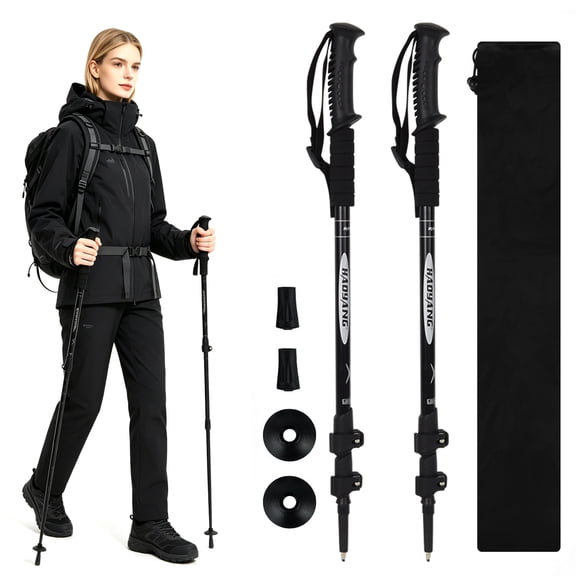 IC ICLOVER Pair 2 Trekking Poles Lightweight Aluminum Hiking Poles with Quick Adjustable Flip Locks, Collapsible Walking Sticks for Women, Men & Seniors, Black