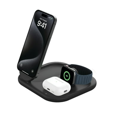 Belkin 3-in-1 MagSafe-Compatible Charger 15W, Foldable Qi2-Certified Wireless Charging Station - Black