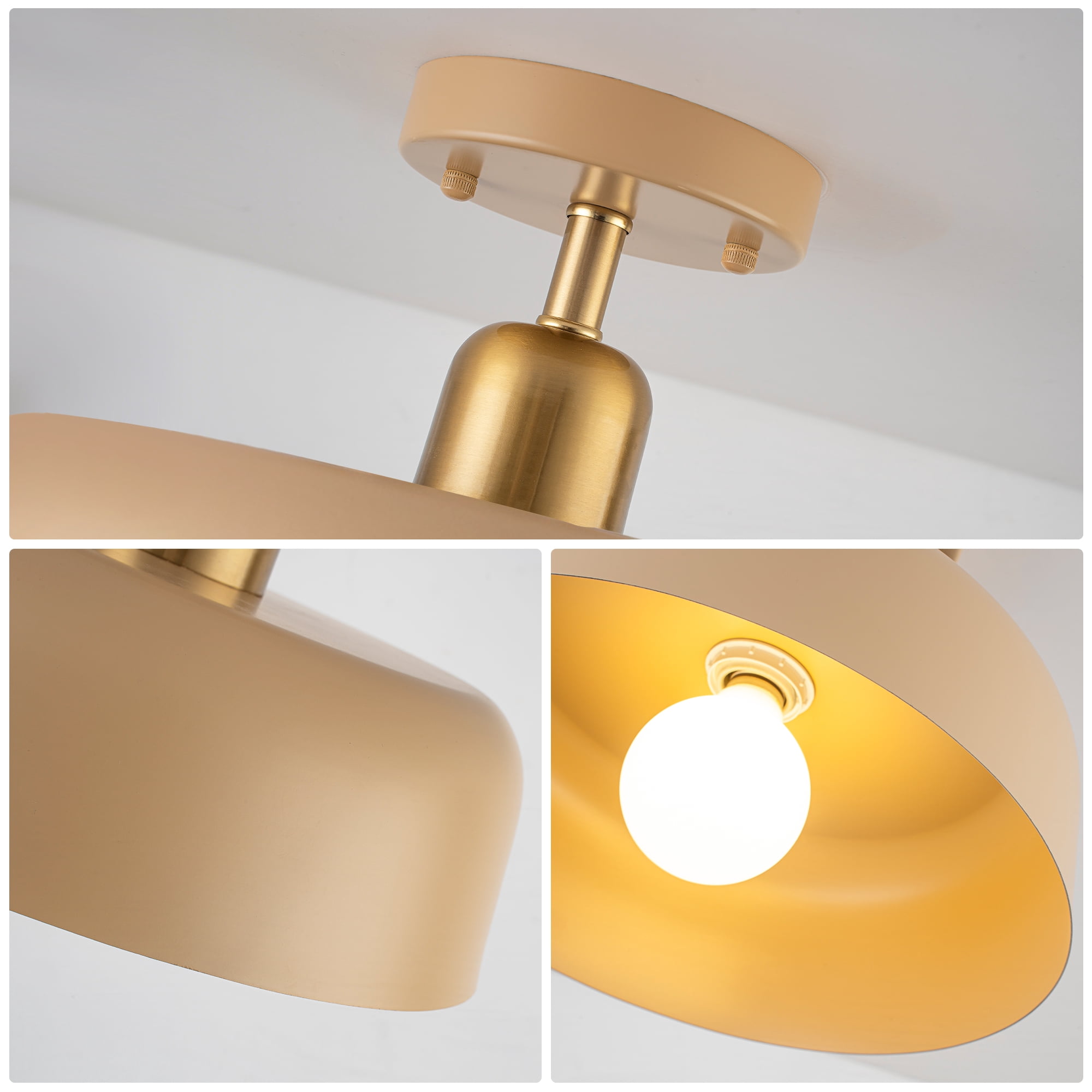FTL Modern Semi Flush Mount Ceiling Light Brown and Gold Metal Shade 12.6" Mid Century Close to Ceiling Light Fixture for Kitchen Hallway Entryway Foyer Bedroom Laundry Room
