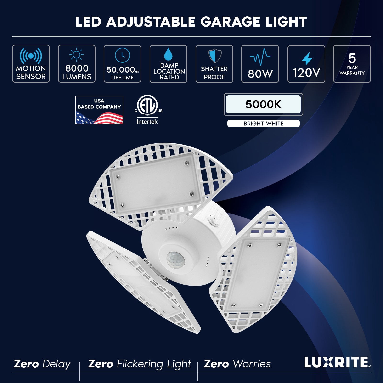 Luxrite LED Garage Light with Motion Sensor, 5000K, 80W, 8000LM, E26 Base, Deformable 3 Panel Lights 4590, ETL 2 Pack