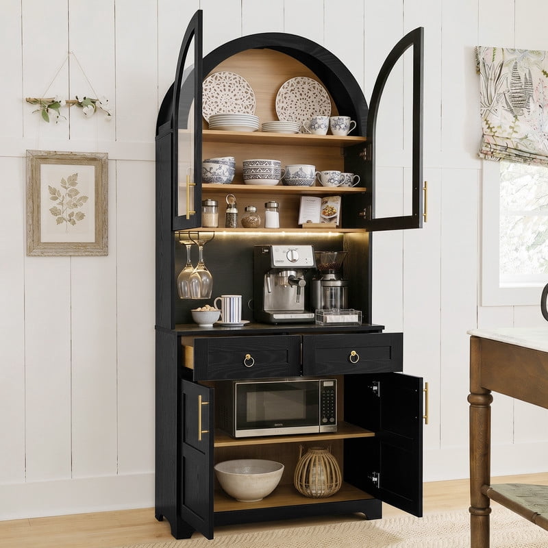 Arched Kitchen Pantry Cabinet with LED Light & Charging Station, Farmhouse Storage Hutch with 2 Drawers, Adjustable Shelves, Glass Doors, Coffee Bar Cabinet for Kitchen, Dining Room