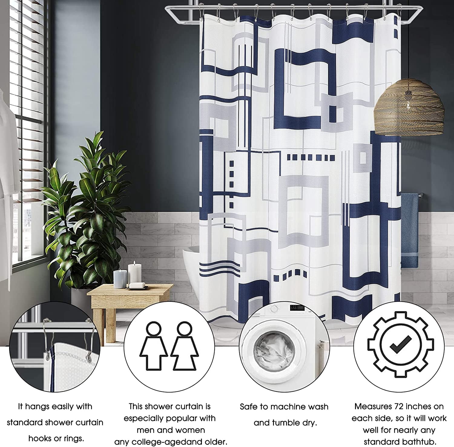 Blue Shower Curtain Shower Curtain Set for Bathroom Geometric Small Shower Curtain with Heavy Duty Water Repellent White Bathroom Curtain for Hotels Bathtubs, 36x72 inch