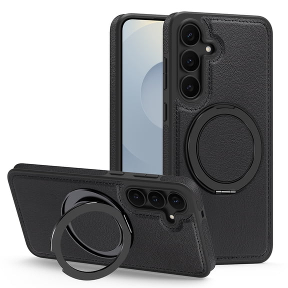 Corliven for Samsung Galaxy S25 FE Case, PU Leather Magnetic Back Cover with 360-Degree Rotating Ring Kickstand, Black