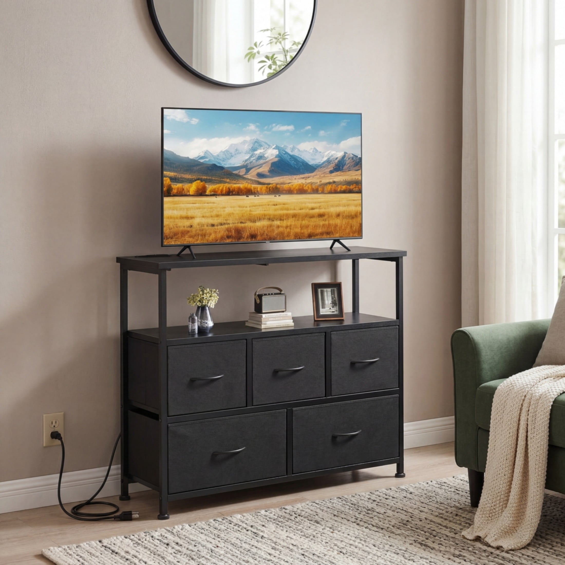 CONCETTA 39.3'' 5 Drawer Dresser with Charging Station, Fabric Storage Chest of Drawers for Bedroom, Living Room, Entryway, Black