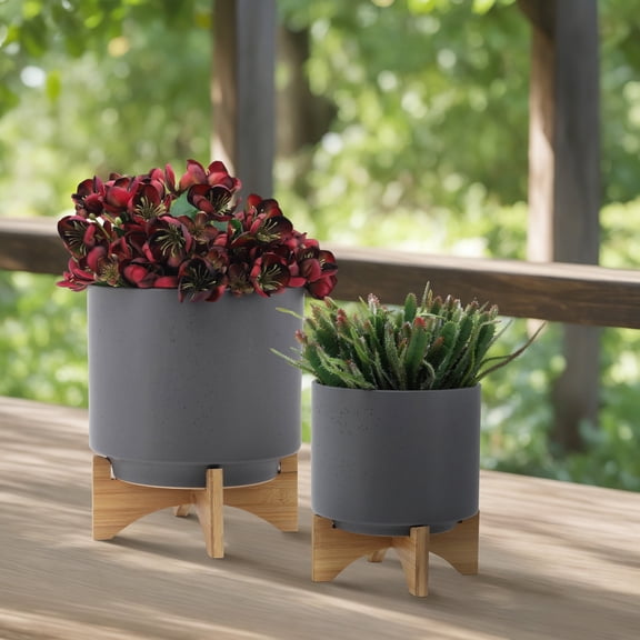 Ceramic Planters with Bamboo Stands - Modern Indoor Outdoor Plant Pots for Home Garden Decor - Gray Flower Pots for Succulents, Herbs, and Small Plants; Set of 2