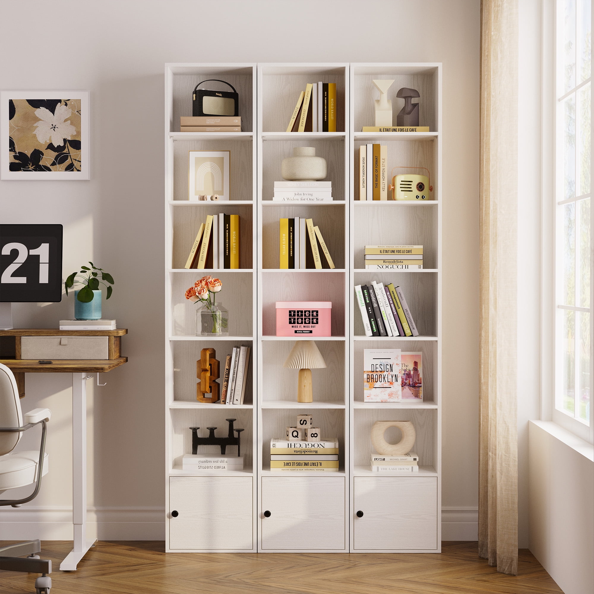 IRONCK 74.8" Tall Narrow Bookcase, 6 Tiers Open Adjustable Shelf and 1 Storage Cabinet for Home Office, White