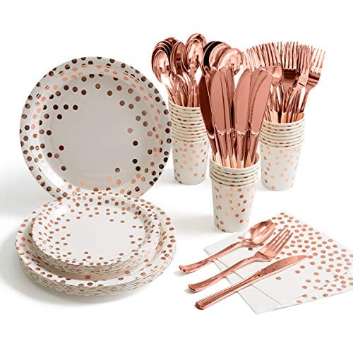 Rose Gold Dot on White Paper Plates and Napkins Cups Silverware Serves 25 Sets for Wedding Bridal Shower Engagement Birthday Parties 175 Pieces Rose Gold Party Supplies