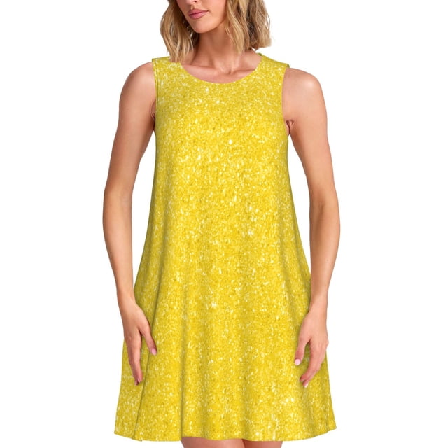 Fotbe Yellow Glitter Vestido de Verano sin Mangas para Mujer – Vestido Midi Línea A, Estilo Camiseta Floral, Vestido Playero Casual y Fluido