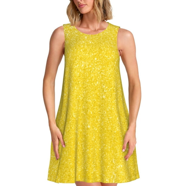 Fotbe Yellow Glitter Vestido de Verano sin Mangas para Mujer – Vestido Midi Línea A, Estilo Camiseta Floral, Vestido Playero Casual y Fluido