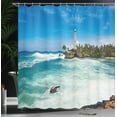 thumbnail image 4 of Ambesonne Lighthouse Shower Curtain, Palms Beach Seaside, 69"Wx84"L, Blue White Green, 4 of 5