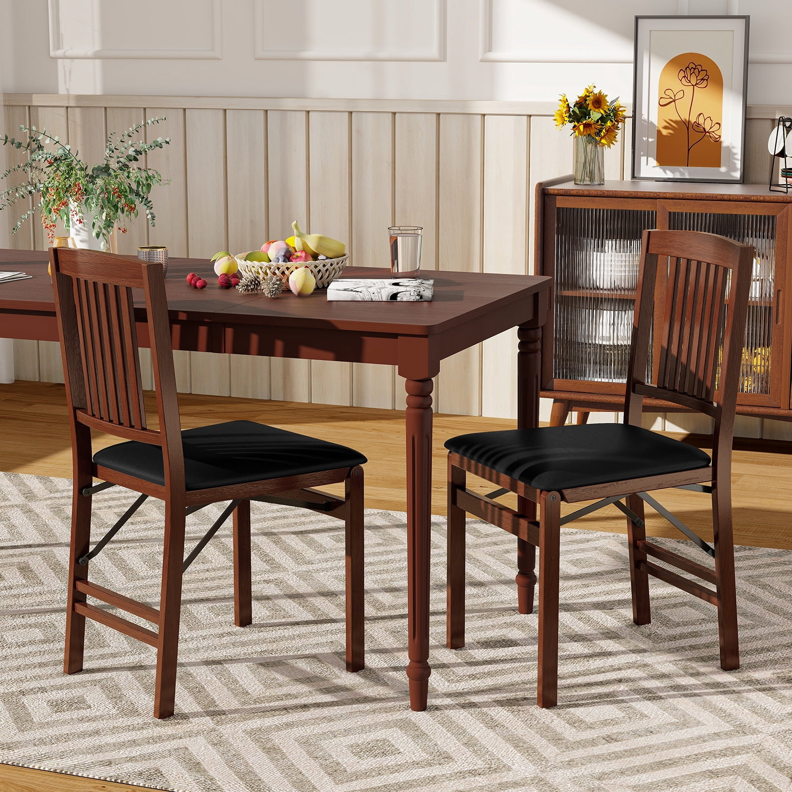 Gymax Folding Dining Chairs Set of 2 w/Padded Seat Rubber Wood Frame for Dining Room