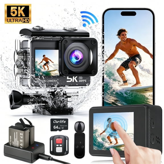 Action Camera 5K 30FPS 50MP Waterproof Camera Underwater EIS, Wireless Microphone,Touch Dual Screen, WiFi App, Remote & 64GB Card for Diving and Cycling