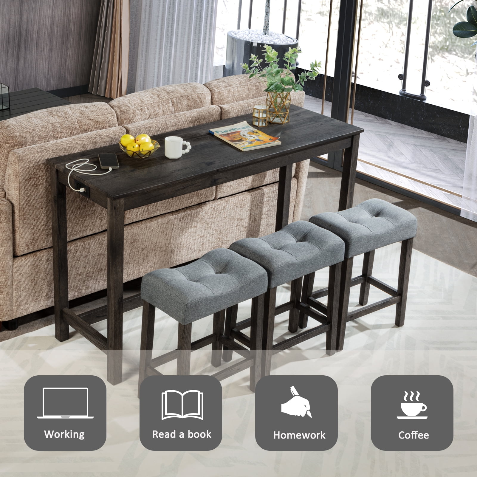 MAYEERTY 4-Piece Bar Table Set with USB Charging Port – Modern Sofa Bar Table and Upholstered Stools Set for Behind Couch, Dining Room, or Living Room
