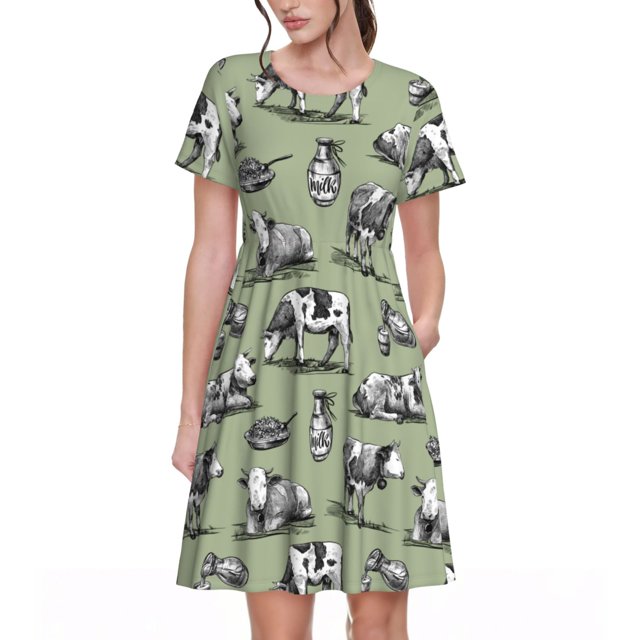 Balery Farm Cows Vestidos sueltos de manga corta para mujer, vestidos de verano 2025, vestidos casuales de corte A con vuelo.