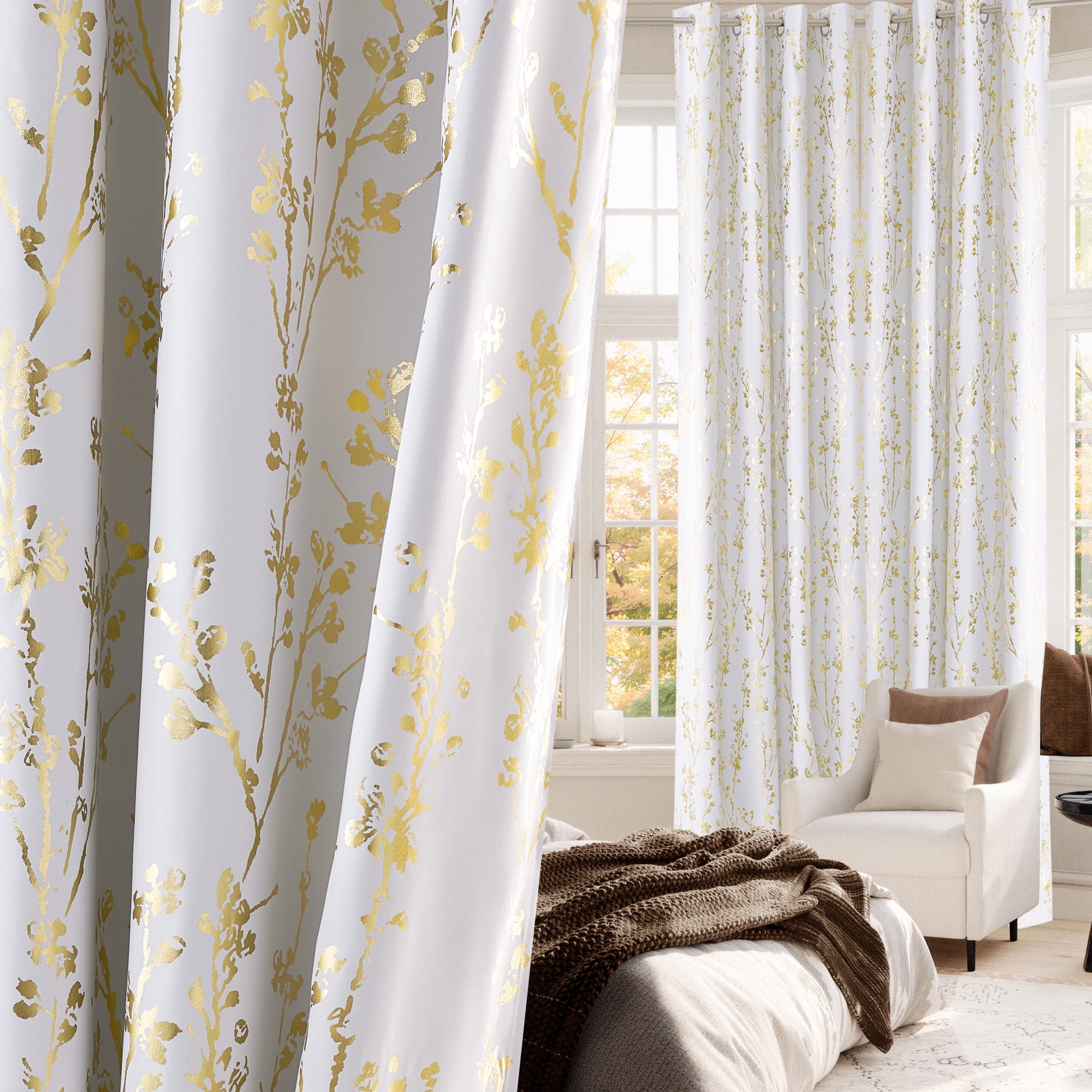 NICETOWN 100% Blackout Curtains 84 Inch Length Gold White Foil Branch Grommet Full Room Darkening Curtains, Thermal Panels Curtains for Bedroom & Living Room, 2 Panels