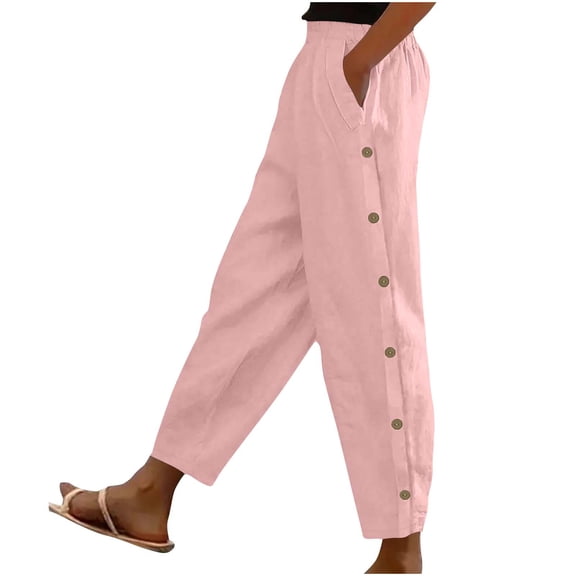 Besolor Cotton Linen Pants for Women Elastic High Waisted Tapered Leg Summer Lightweight Side Button Slacks with Pockets
