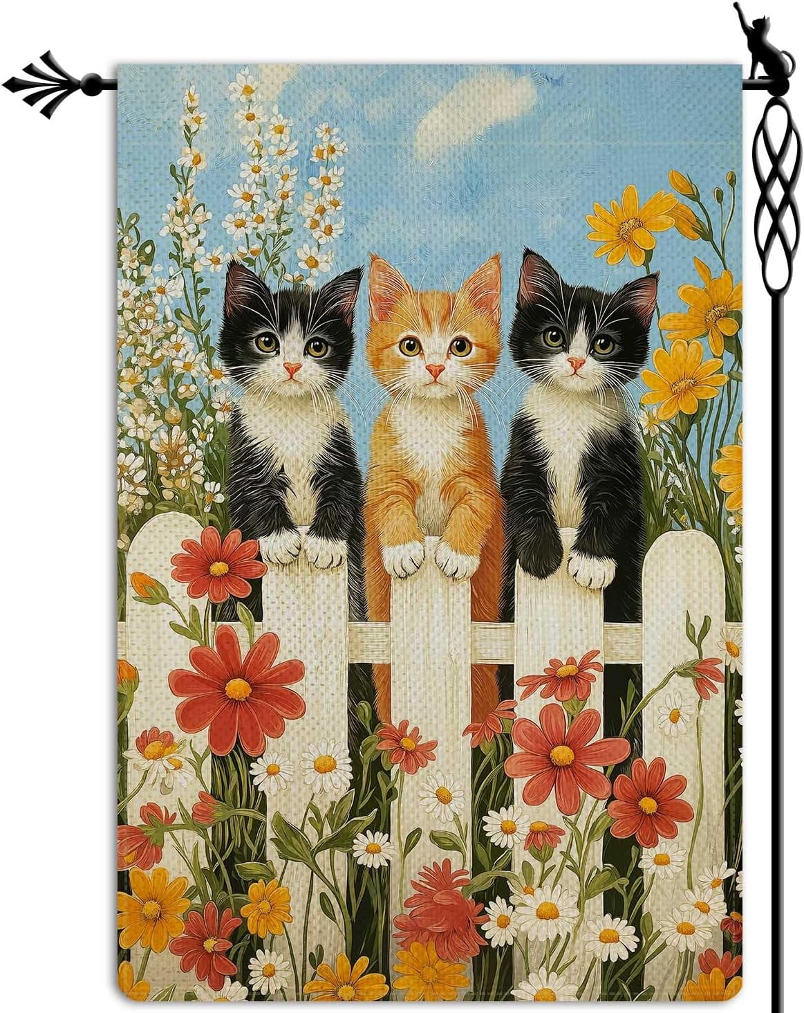 Spring Cute Cat Garden Flag Spring Summer Butterfly Floral Flowers Garden Flag Vertical Double Sided Rustic Farmland Burlap Yard Lawn Outdoor Decor