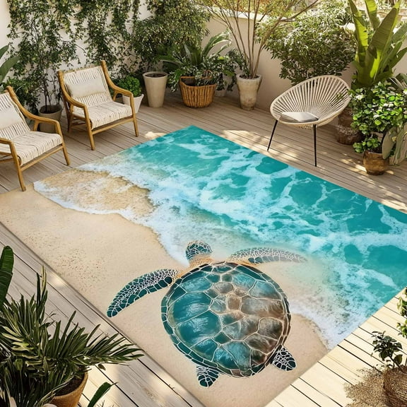 Fsddascl Turtle Outdoor Rug for Patio/Deck/Porch, Non-Slip Large Area Rug 4 x 6 Ft, Coastal Seaside Nature Ocean Marine Animal Indoor Outdoor Rugs Washable Area Rugs, Reversible Camping Rug Carpet