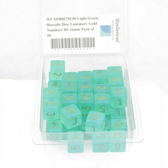 Light Green Borealis Dice Luminary with Gold Numbers D6 Aprox 16mm (5/8in) Pack of 50 Wondertrail