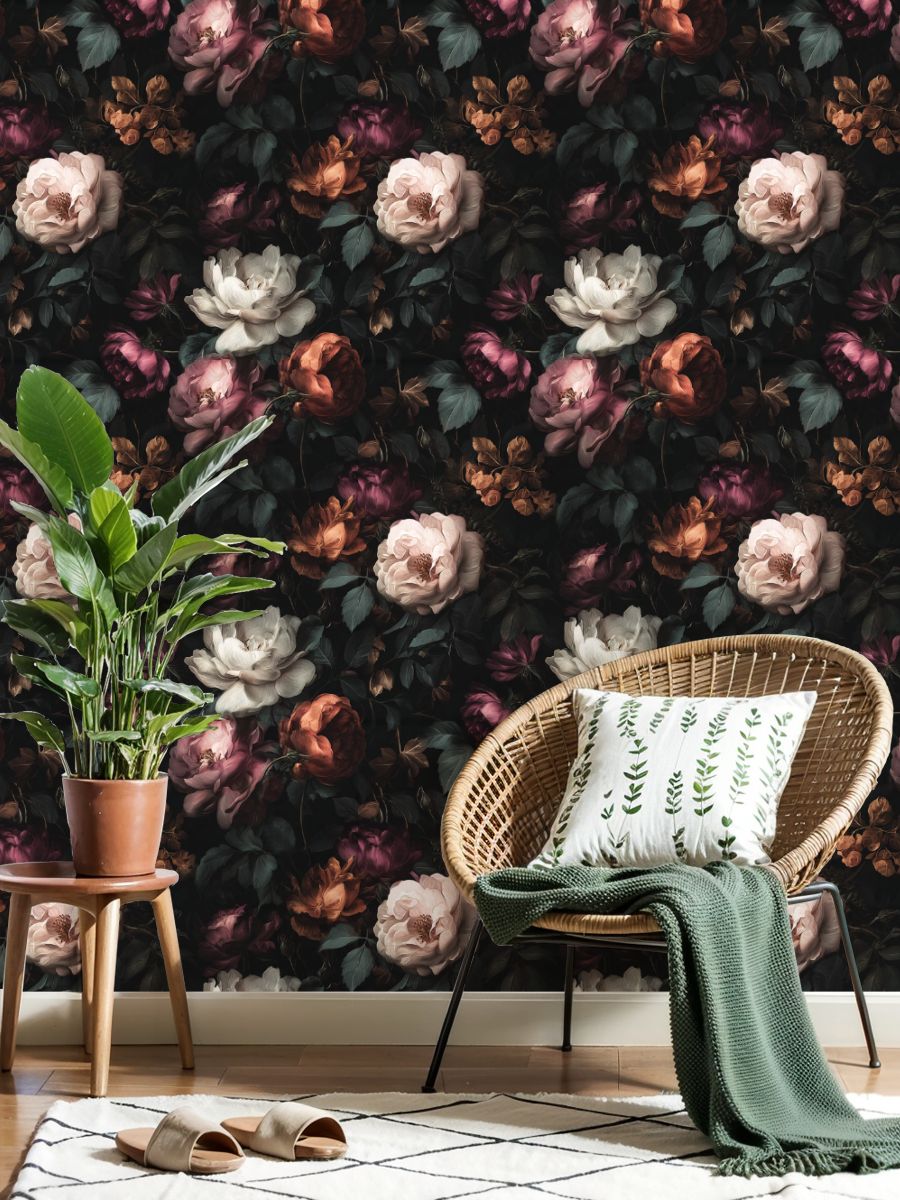 Peel and Stick Wallpaper Vintage Floral Soft Roses Dark Leaves Wall Mural 23.6in x 9.8ft Self Adhesive Removable Wall Paper Renter Friendly Wallpaper for Nursery Kitchen Bedroom Cabinets