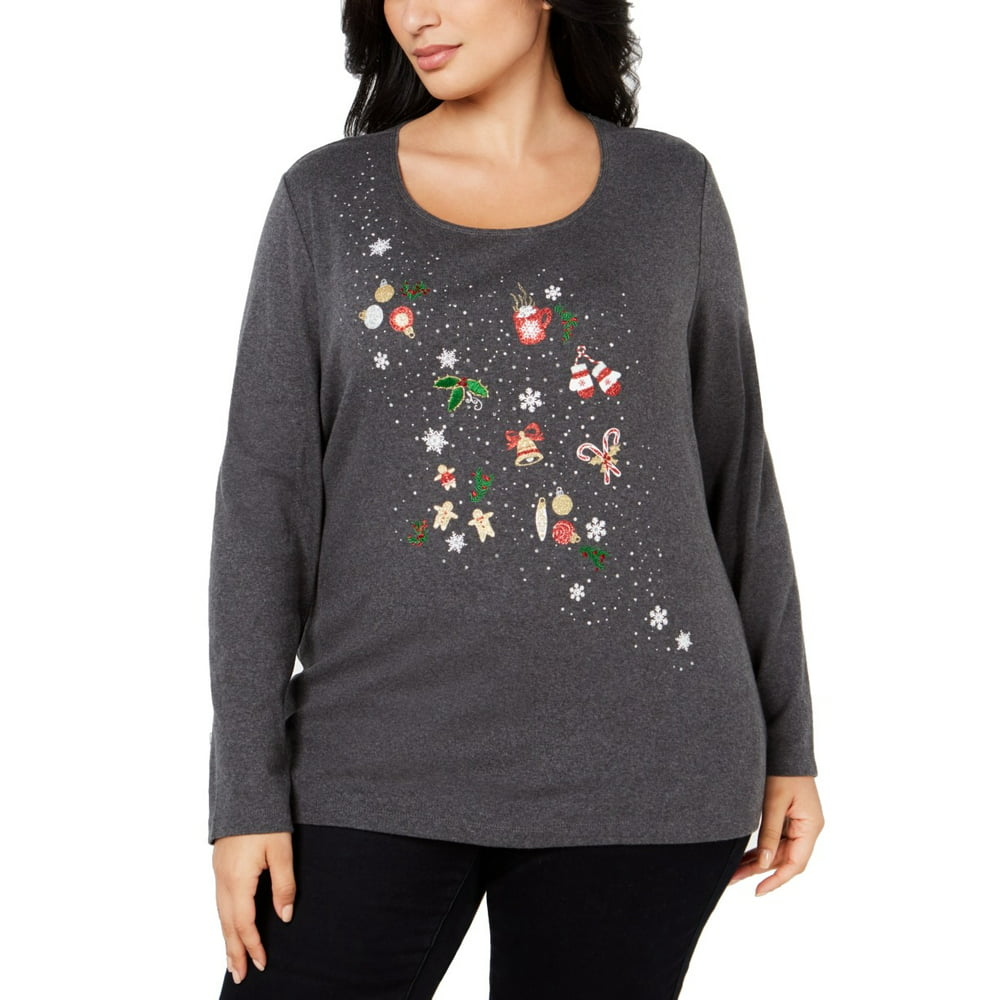 Karen Scott - Womens Top Plus Knit Holiday Embellished 1X - Walmart.com ...