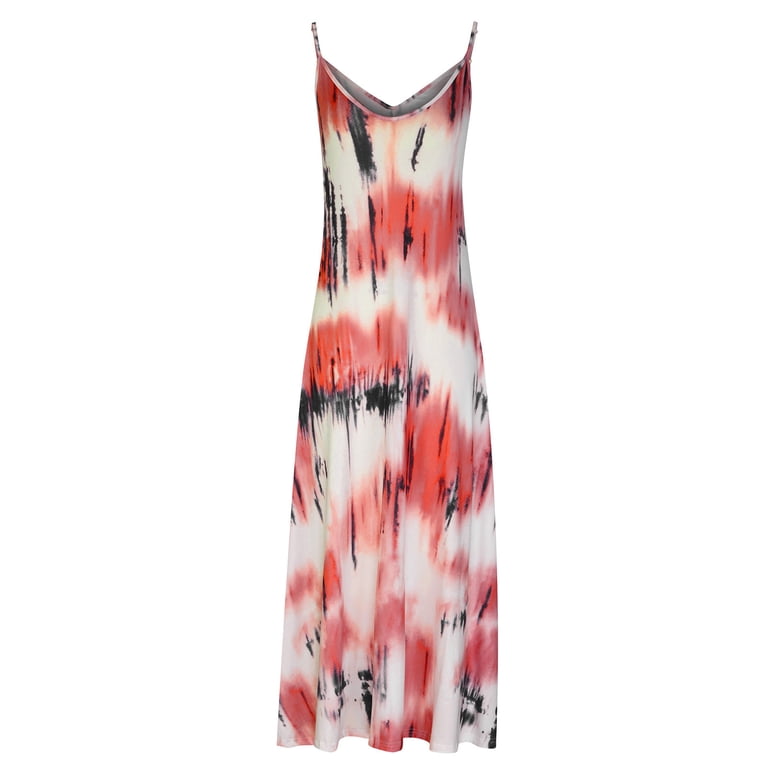 red and white tie dye maxi dress Storeline Maxi Dress Womens Small/Medium Red White Tie Dye Asymmetrical Hem 0619