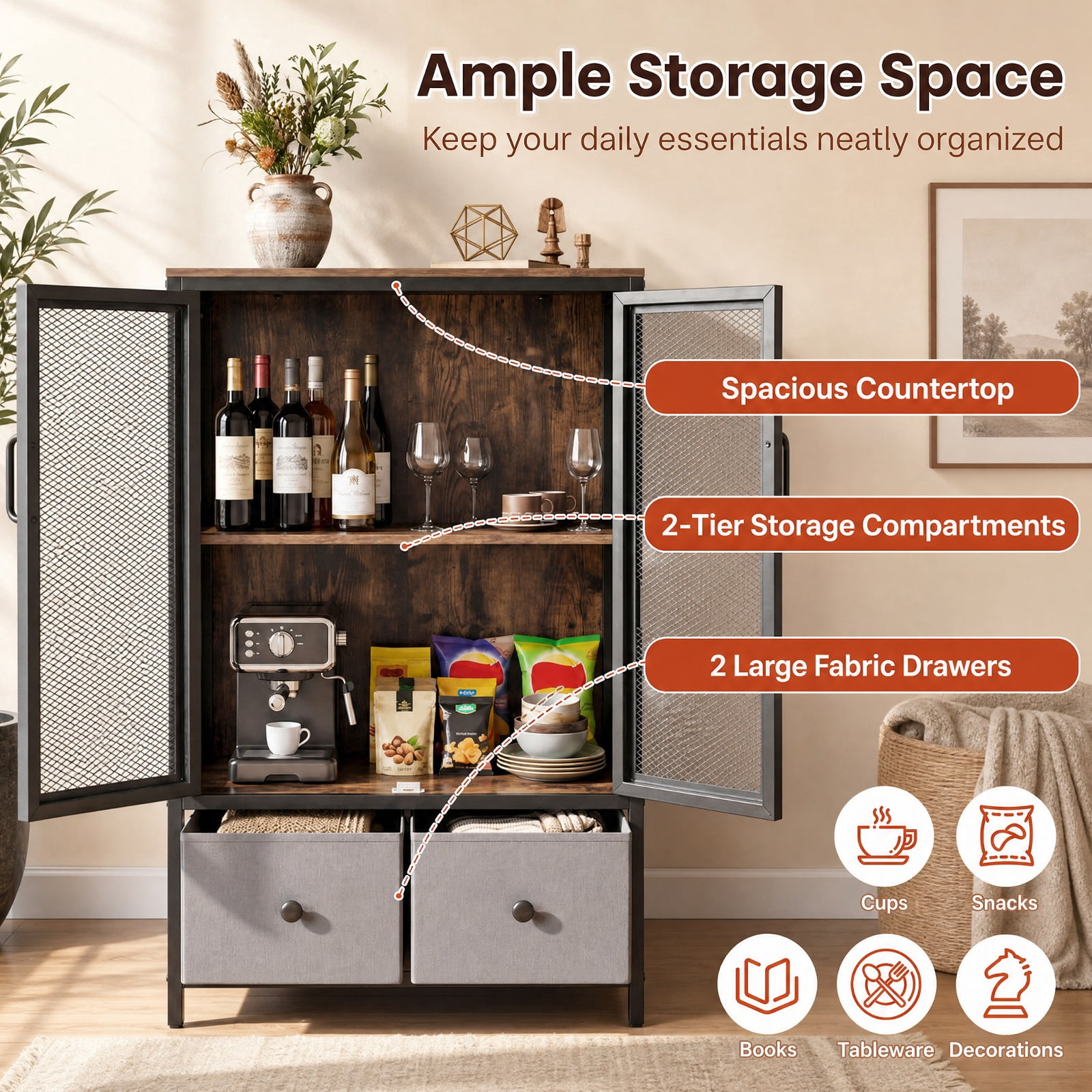 Furnibear Industrial Coffee Bar Cabinet with 2 Tier Open Shelves and 2 Cloth Drawers for Home Kitchen Coffee Station Storage, Rustic Brown